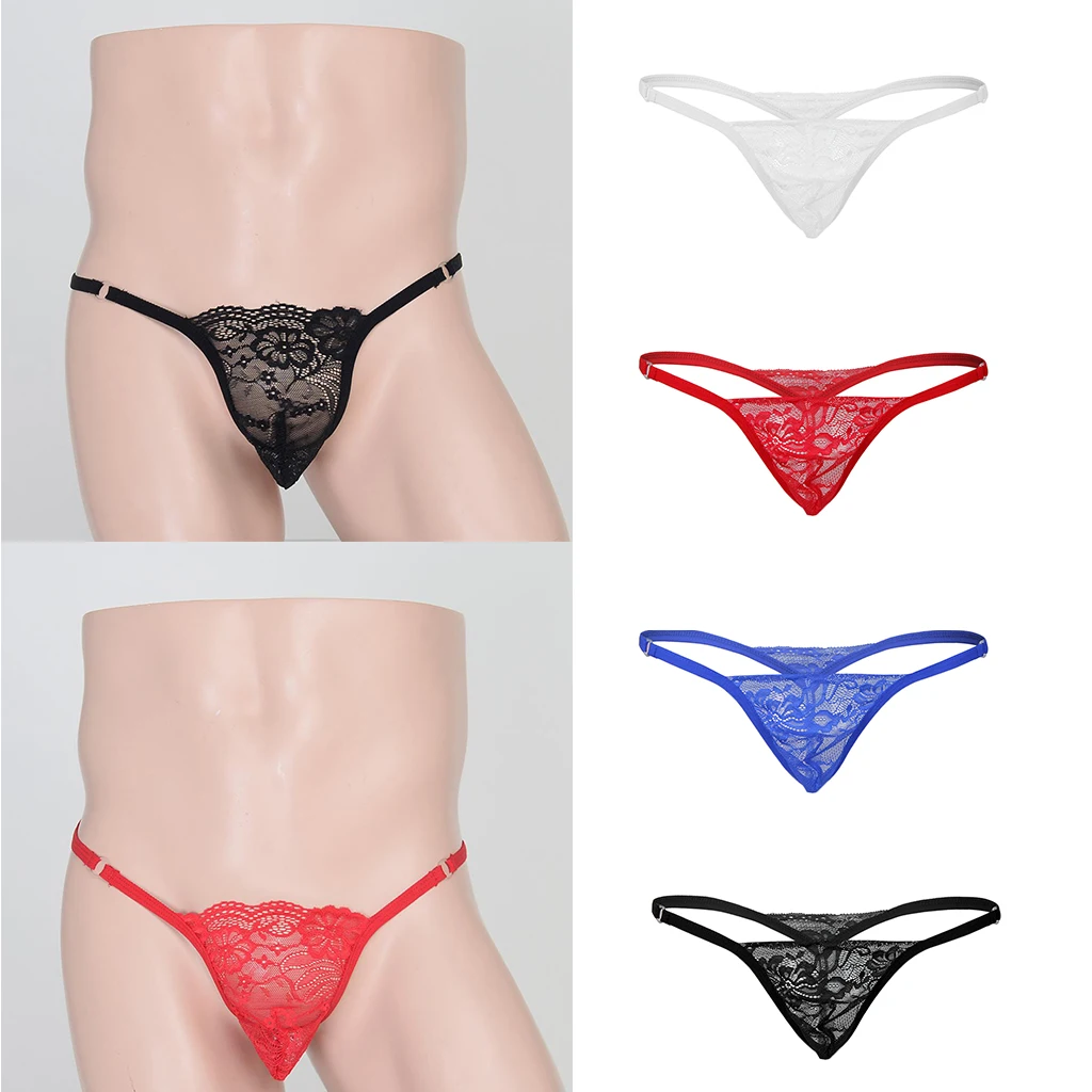 Men's Hot Red Lace Flower T-Back Underwear Low-rise Man Bikini G-String Thong Briefs Gay Apparel