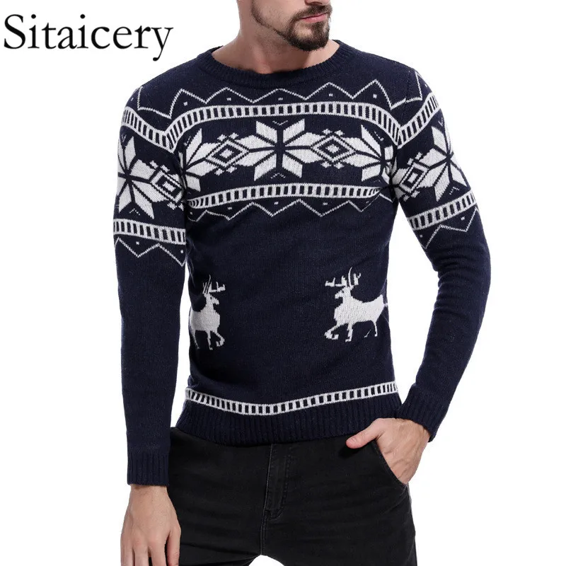 

Sitaicery Mens Causal O Neck Sweater Deer Printed Autumn Winter Christmas Knitted Pullover Sweater and Sweaters Slim Pullover