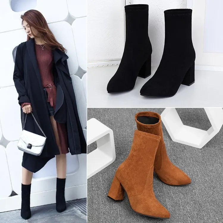 

Perennial-Martin Boots Women's Europe And America British-Style Fashion Suede Pointed High Heels Chunky-Heel Low-top Booties Wom