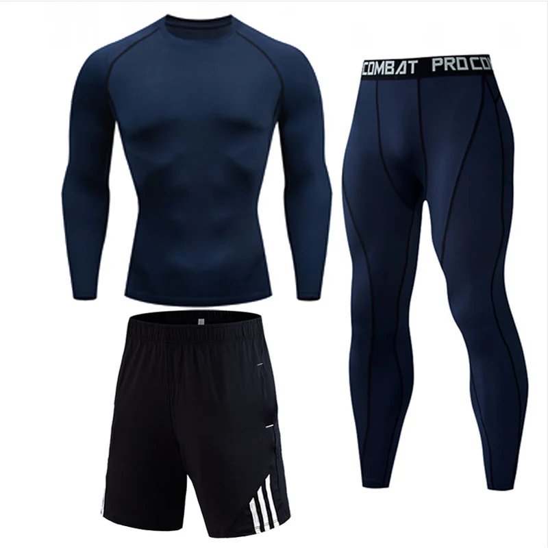 Navy 3-piece suit Мужская сжатая рубашка с длинным рукавом штаны шорты Фитнес ММА одежда Тактический Рашгард джиу джитсу Кроссфит футболка беговые костюмы - Цвет: Navy 3-piece suit