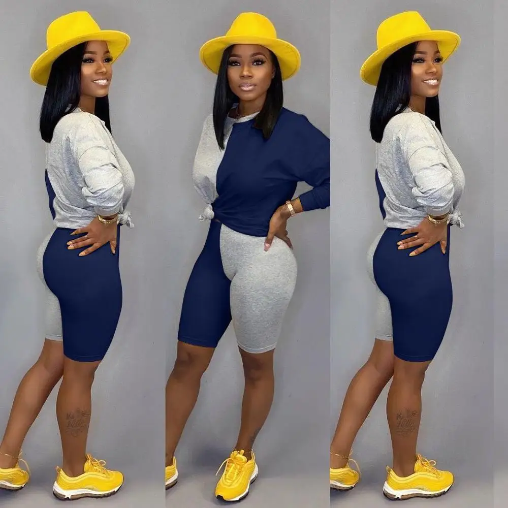 Patchwork style sports set women o-neck top and shorts two piece set casual tracksuit outfit DLD8635