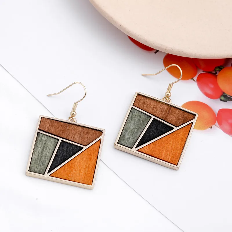 Ahmed Original Creative Minimalist Geometric Contrast Color Wood Pendant Earrings for Women Fashion Drop Dangle Jewelry Gifts