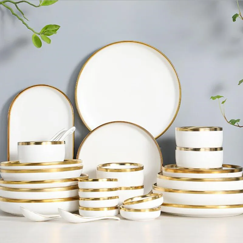 Matte Gilt Rim White Porcelain Dinner Tray Kitchen Plates Ceramic Tableware Food Dishes Rice Salad Noodles Bowl ceramic tableware set