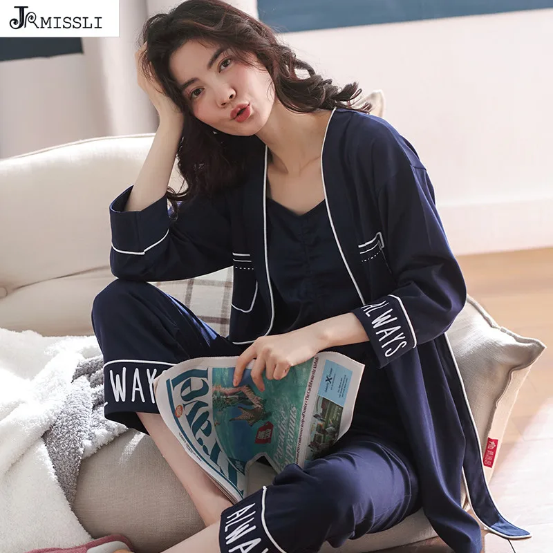 

JRMISSLI Sexy 100% Cotton Letter Kimono Pajama Sets for Women Long Sleeve Robes Sleepwear Femme Home wear Pijama Mujer 3 Piece S