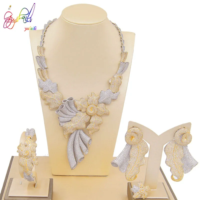 Yulaili New America Jewelry Sets for Women Luxury Cubic Zirconia Necklace Earrings Bracelet Ring Wedding Jewellery Accessories