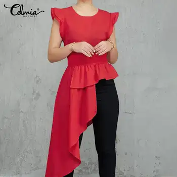 

Celmia Women Office Long Tops Asymmetrical Summer Ruffled Blouse Casual Short Sleeve Solid Shirt Ladies Blusas Plus Size Mujer 7