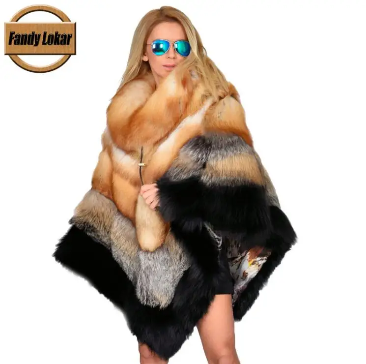 RF1891 black fox Fandy lokar Настоящее пончо с мехом лисы Женское зимнее плотное меховое пальто Настоящая Серебряная лисица Меховая куртка верхняя одежда женская дамская модная меховая куртка - Цвет: RF1891 black fox