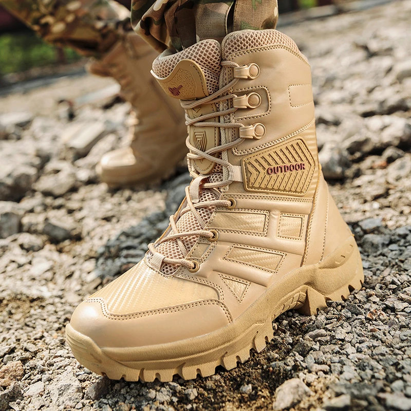 Botas de senderismo para hombre, botas militares de marca, botas de combate tácticas, zapatos de aventura del desierto, para caza al aire libre, con cordones hasta el botas|Zapatos de