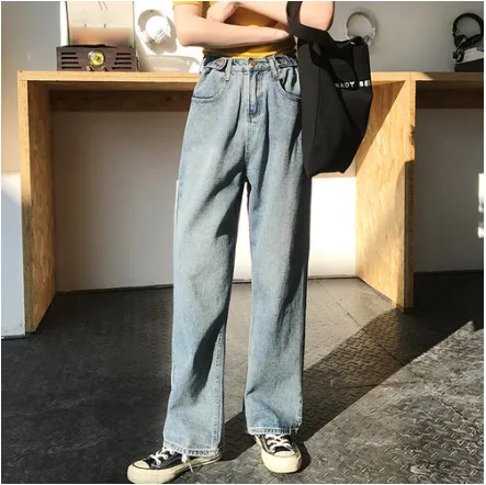 Элегантные корейские джинсы с высокой талией, женские уличные повседневные свободные отбеленные винтажные женские джинсы размера плюс, широкие брюки, джинсы fw347 - Цвет: Синий