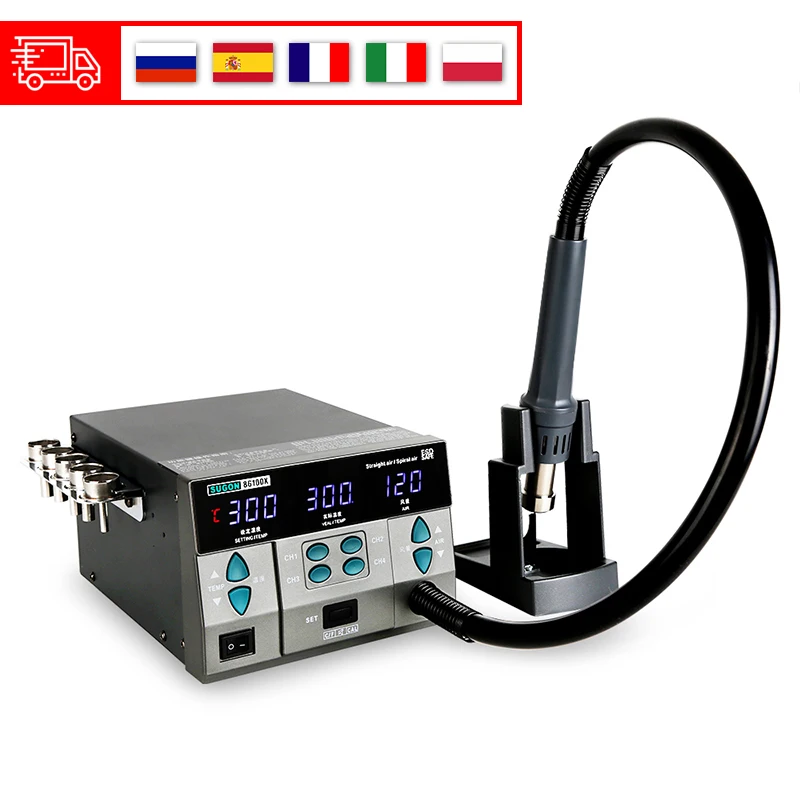 SUGON 8610DX PRO Hot Air Rework Station, 1000W LED Display Lead Free Heat Gun Microcomputer Temperature Adjustable 5 Nozzle