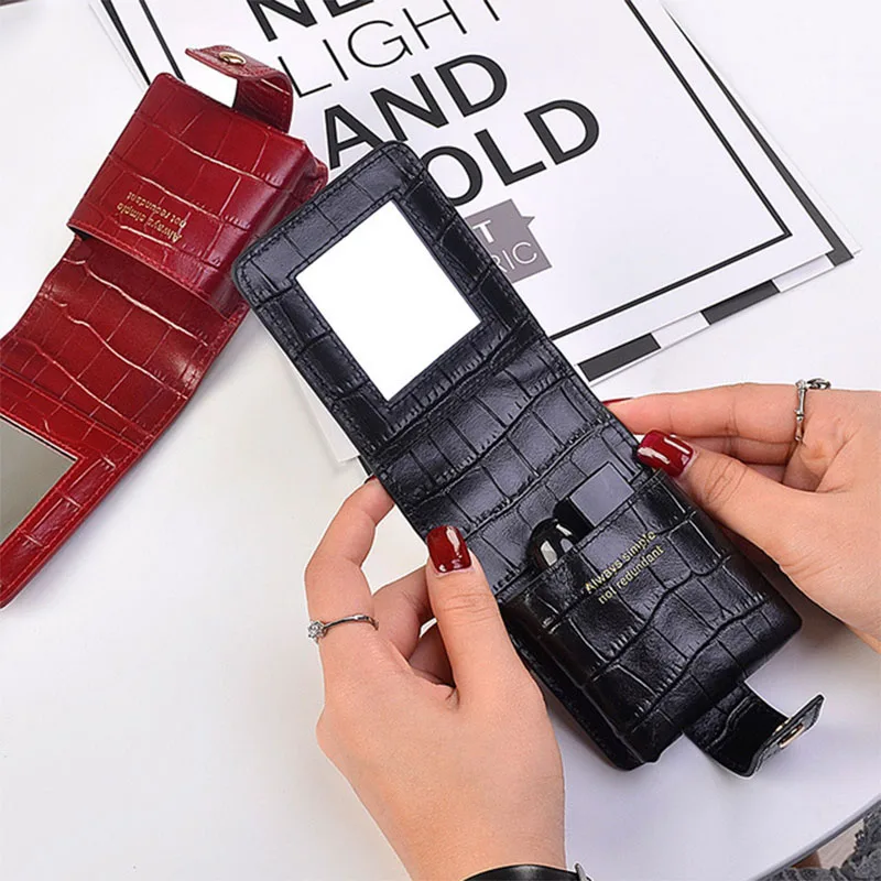 

New luxury crocodile cow leather lipstick case organizer with mirror 3pcs travel lips leather holder small lipstick bag