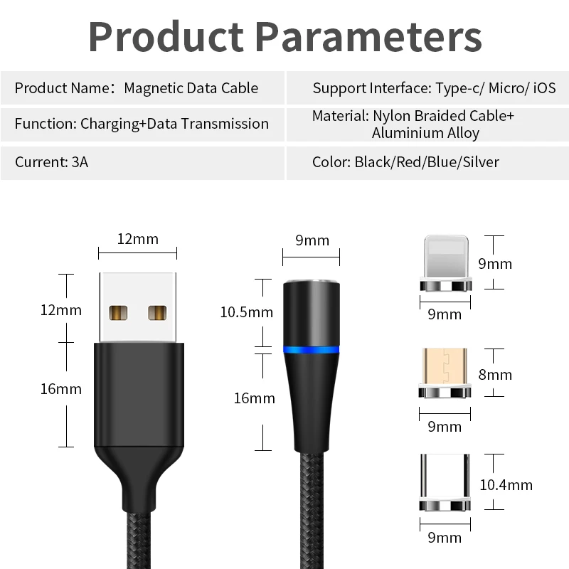 Магнитный кабель 3A Быстрая зарядка USB для IPhone X Huawei P30 Xiaomi Samsung Micro C Type зарядный 3