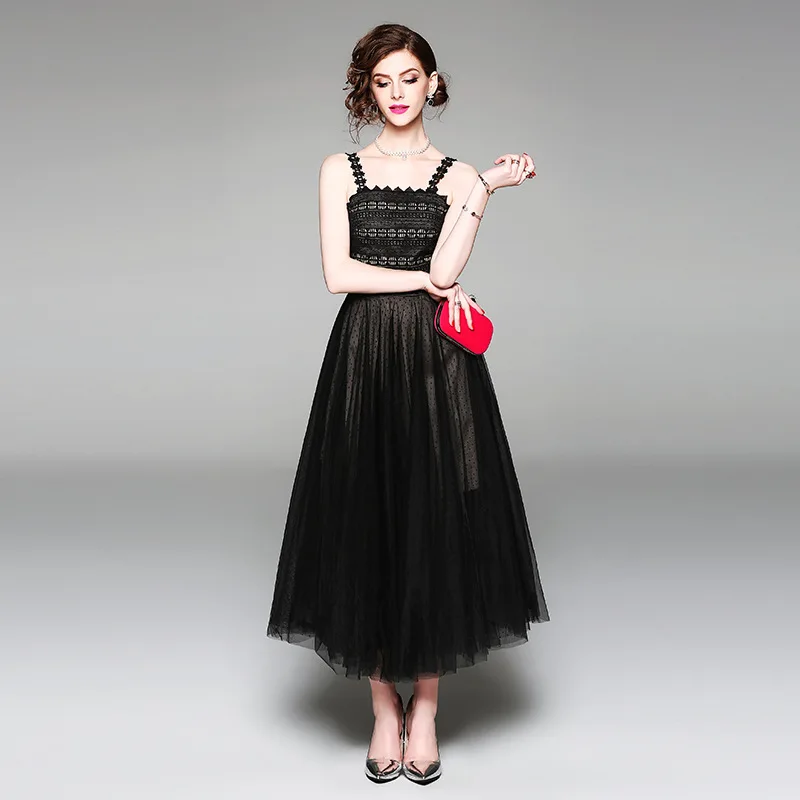 

Ozhouzhan 2019 New Products Gauze Strapped Dress Women's Elegant Mid-length Slim Fit Formal Dress