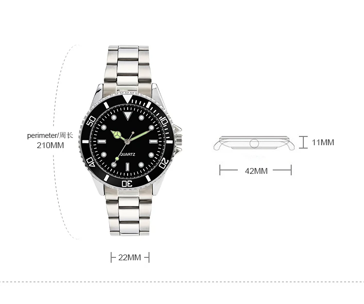 304 часы с ремешком из нержавеющей стали, деловые часы для мужчин, Роскошные мужские часы, водонепроницаемые, с поворотным ободком, с черным циферблатом