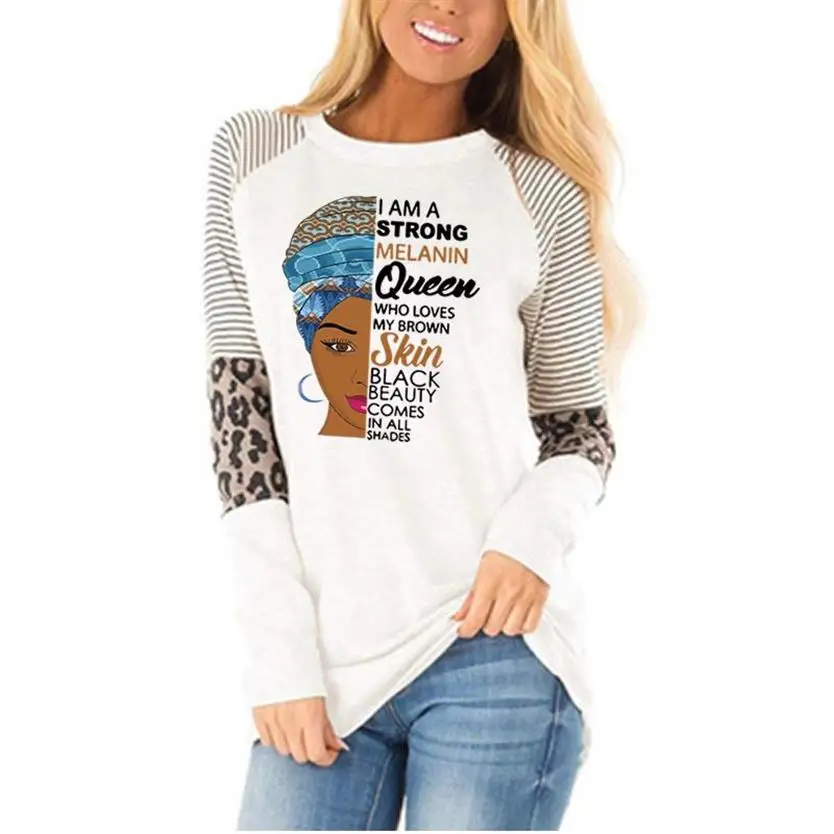 

New Fashion T-Shirt For Women Leopard Print Neck Long Sleeve T-Shirt Queen Letters Print Plus Size Tops T-Shirt Female Cotton