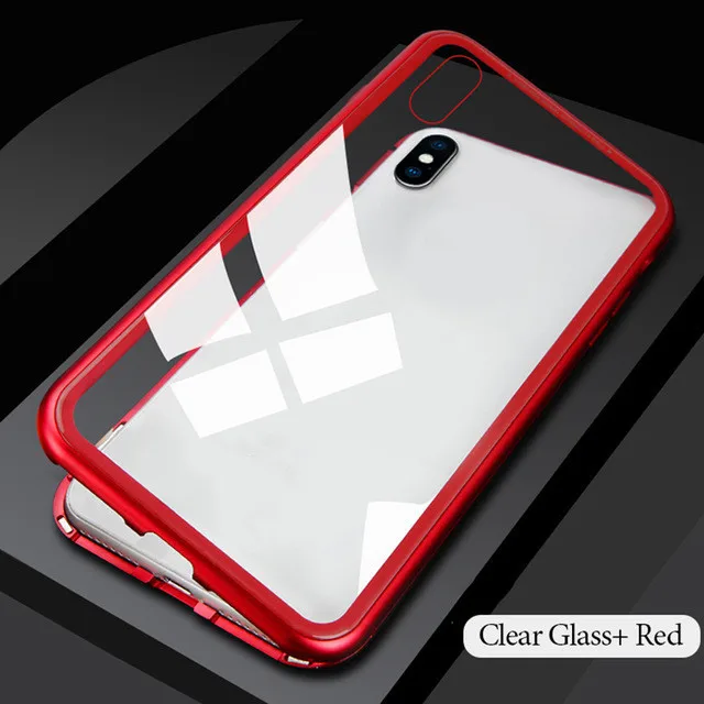 GETIHU 360 металлический магнитный чехол для iPhone Xs Max Xr X 8 Plus+ задняя крышка из закаленного стекла Магнитный чехол для iPhone 7 6 6s Plus Coque - Color: Clear Red