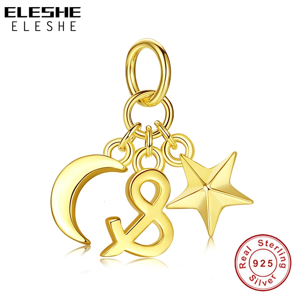 Luxury 925 Sterling Silver Sparkling Beads Sky Moon &amp Star Gold Color Charm fit Charms Bracelet DIY Gift | Украшения и