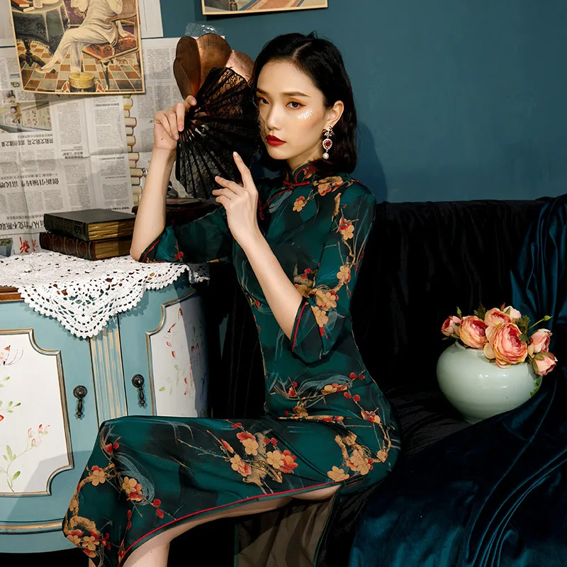 Spring New Green Elegant Retro Women Chinese Traditional Dress Qipao Printing Cheongsam Long Qi Pao Dresses Size 4XL