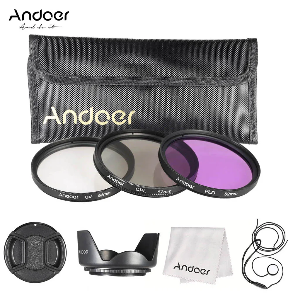 Andoer 52 мм Набор фильтров для объектива UV+ CPL+ FLD фильтр для объектива+ нейлоновый чехол для переноски+ крышка объектива+ держатель крышки+ бленда+ салфетка для очистки