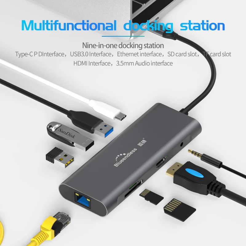 Blueendless USB 3,0 HDMI адаптер для разветвителя 8 портов TF SD карта PD USB C концентратор тип-c к RJ45 Ethernet сеть для MacBook Pro