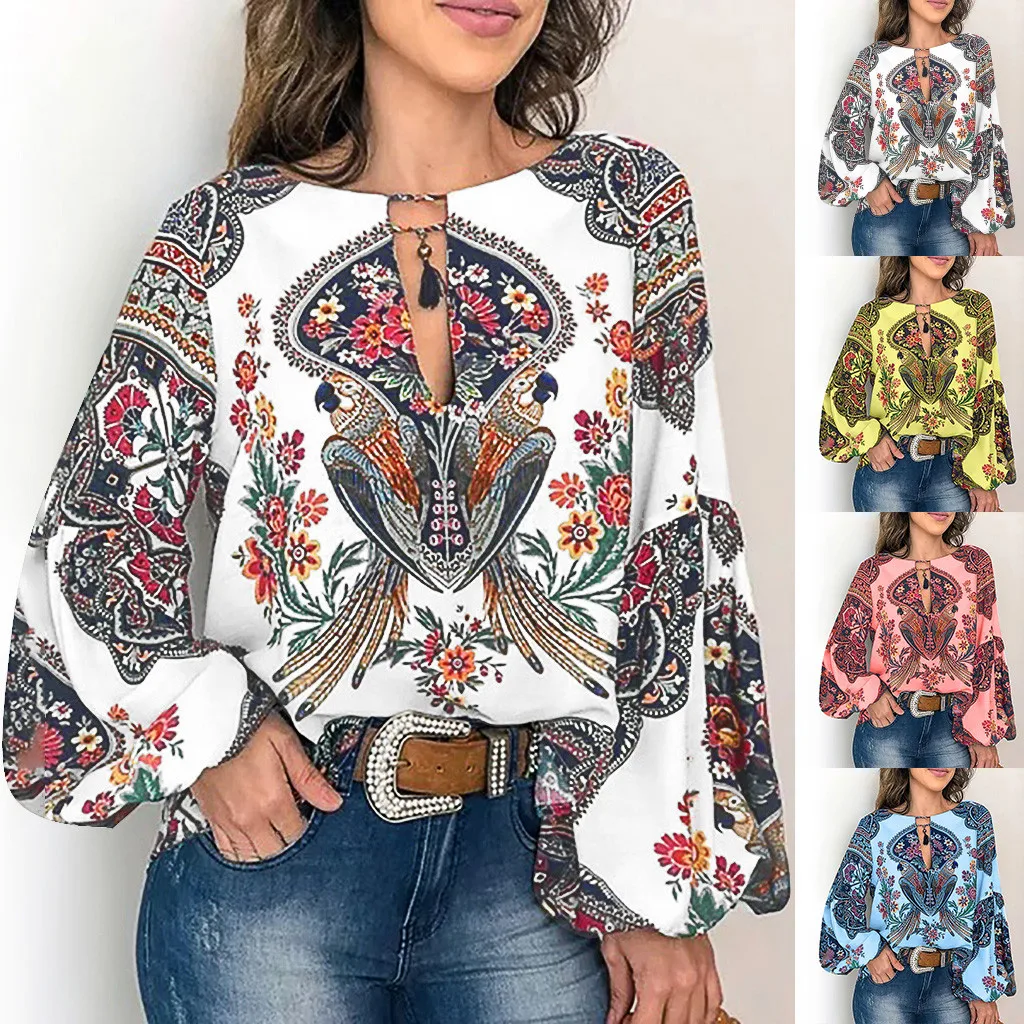 Blusa informal de manga larga con cuello redondo estampada para verano, camisa estilo playero de talla grande 5xl para mujer