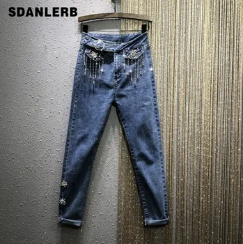 

Jeans Woman 2020 Spring New High-Waist Hand-Made Beaded Rhinestone Slim-Fit Stretch Jeans Women's Blue Denim Pants Ropa Mujer