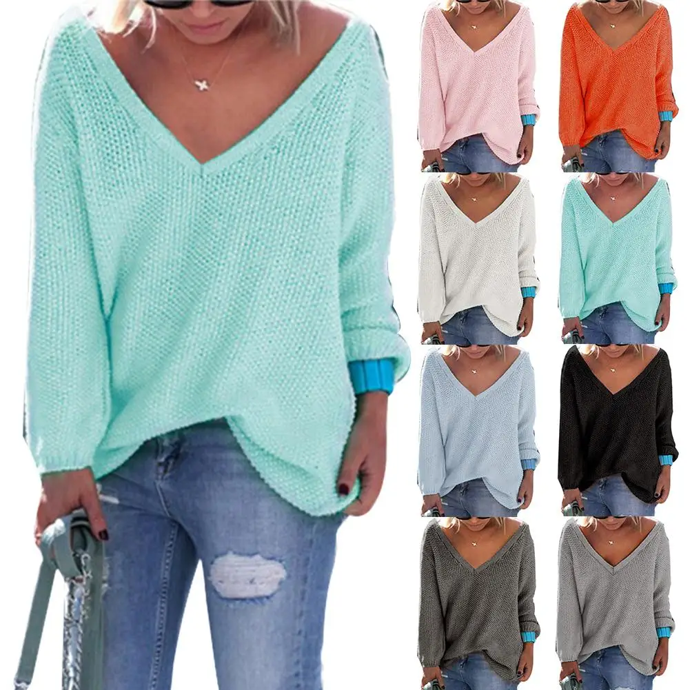 

Autumn Winter Casual Loose Women Long Sleeve V Neck Solid Color Sweater Jumpers
