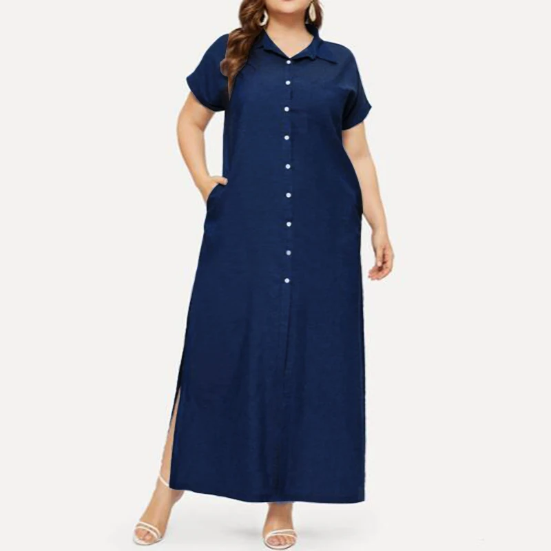 Dark Blue Модные женские длинные рубашки с отворотом на шее, платье, ZANZEA, летние шорты с рукавом, джинсовый синий Повседневный Сарафан с разрезом, 5XL, на пуговицах, Vestido - Цвет: Dark Blue
