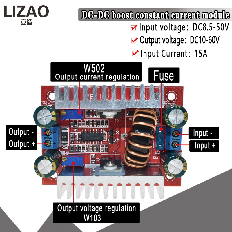 DC 400W 15A Step-up przetwornik podwyższający napięcie prądu stałego zasilania sterownik LED 8.5-50V do 10-60V napięcia ładowarka Step Up moduł DC 400W 15A Step-up przetwornik podwyższający napięcie prądu stałego zasilania sterownik LED 8.5-50V do 10-60V napięcia ładowarka Step Up moduł
