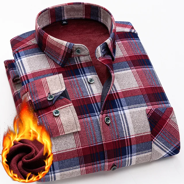 Winter Fleece Shirt Men Plaid 2022 Red 