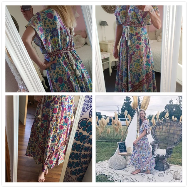 Vintage Chic women peacock Floral print bat sleeve beach Bohemian maxi dress Ladies V-neck Tassel Summer Boho dress vestidos 3