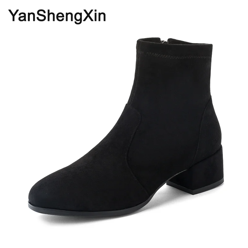 YANSHENGXIN/Женская обувь; однотонные Ботильоны на молнии в стиле пэчворк; женская обувь на каблуке «рюмочка»; осенне-зимние ботинки; женские ботинки - Цвет: Черный