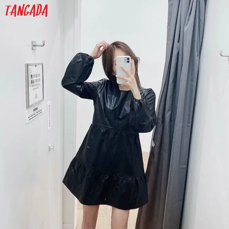 Tangada женское элегантное черное платье из искусственной кожи с длинным рукавом винтажное женское повседневное мини-платье vestidos 5Z91