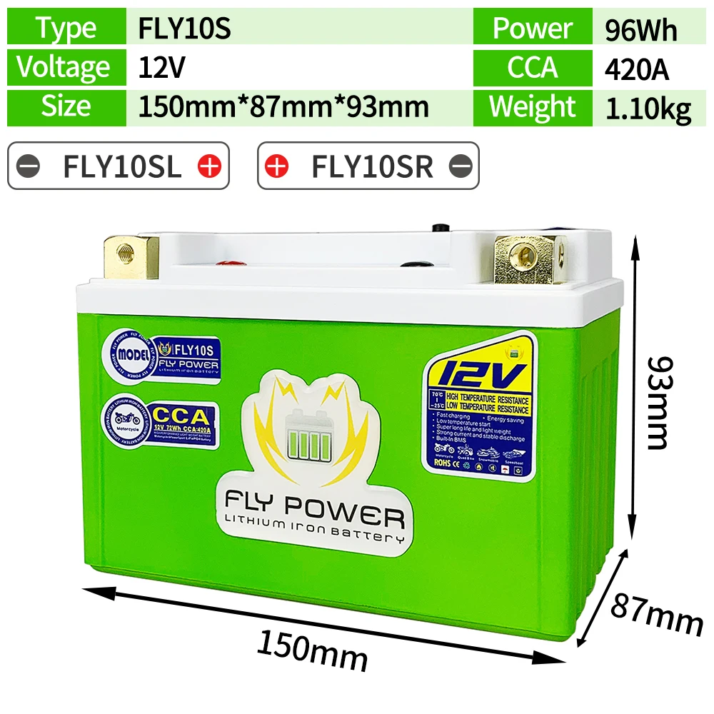 12V LiFePO4 Motorcycle Start Battery 96Wh CCA 420A FLY10S Lithium iron Scooter Batteries Replace YTZ10S YTZ10S-BS motorcycle battery