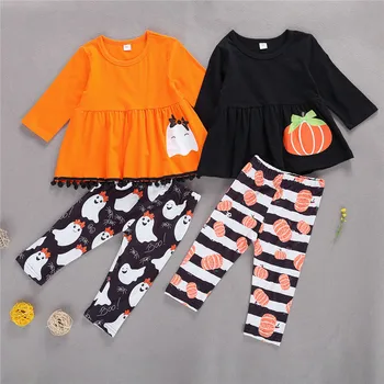 

autumn 2 Pcs Infant baby girls Halloween Outfits Toddler Long Sleeve Round Neck Skirt-like Top with Pompoms Cartoon Trousers