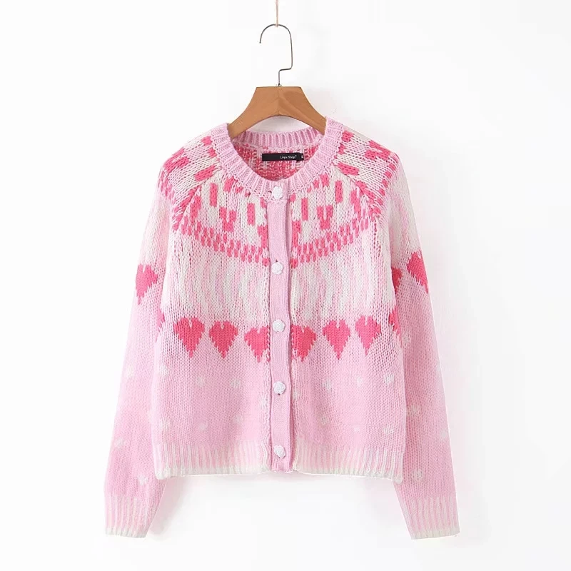 Winter sweater women indie folk vintage Love jacquard pink o-neck single breasted knitting cardigans women jacket tops