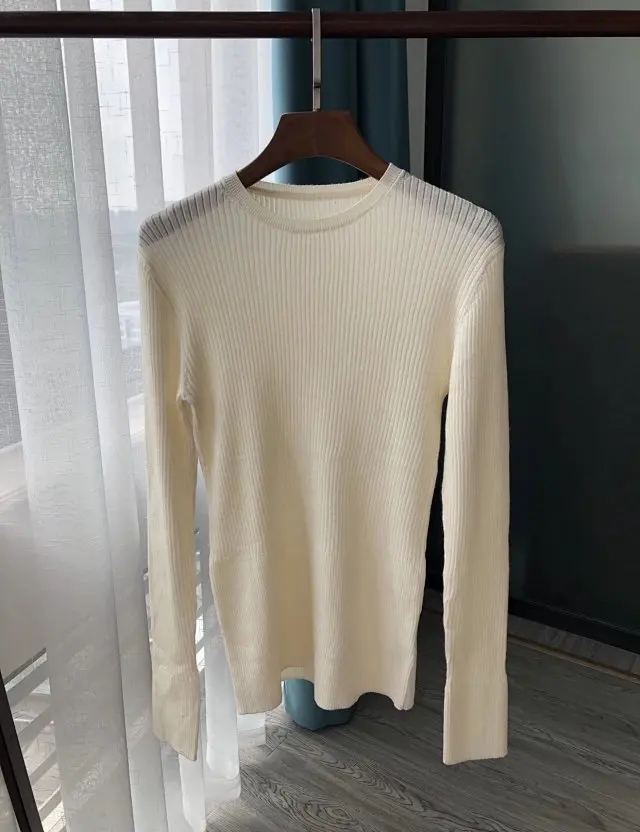 white as pic Elfbop женский шерстяной и Шелковый эластичный вязаный пуловер в рубчик топ-белый/красный/серый/синий вязаный свитер с круглым вырезом Топ - Цвет: white as pic