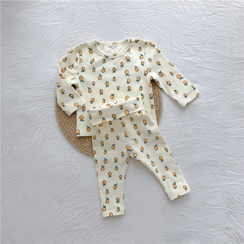 baby clothing set long sleeve	 Autumn Lemon Printed Baby Clothes Boys Girls Set Baby Long Sleeve Tops And High Waist Pants Cotton Toddler Kids Pajamas Set baby floral clothing set