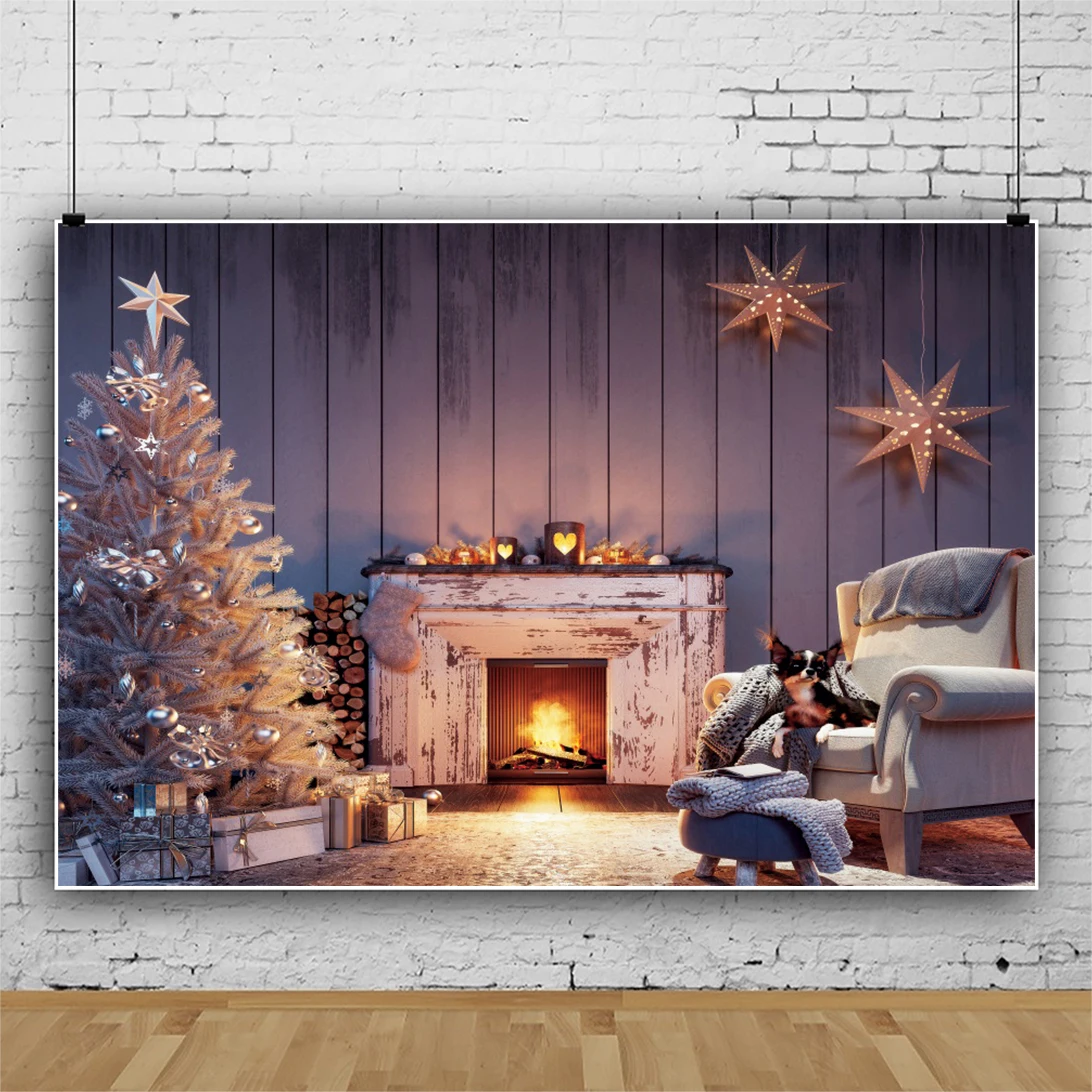 

Laeacco Wooden Fireplace Christmas Tree Backdrops Interior Sofa Poster Star Light Decor Child Photocall Photographic Background