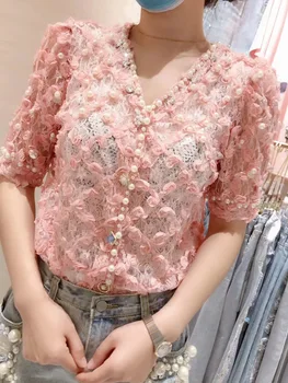 

Female Top 2020 Summer New Hand Studded Beaded Three-Dimensional Flowers Puffed Sleeves Lace Short Blouse Blusas Ropa Mujer
