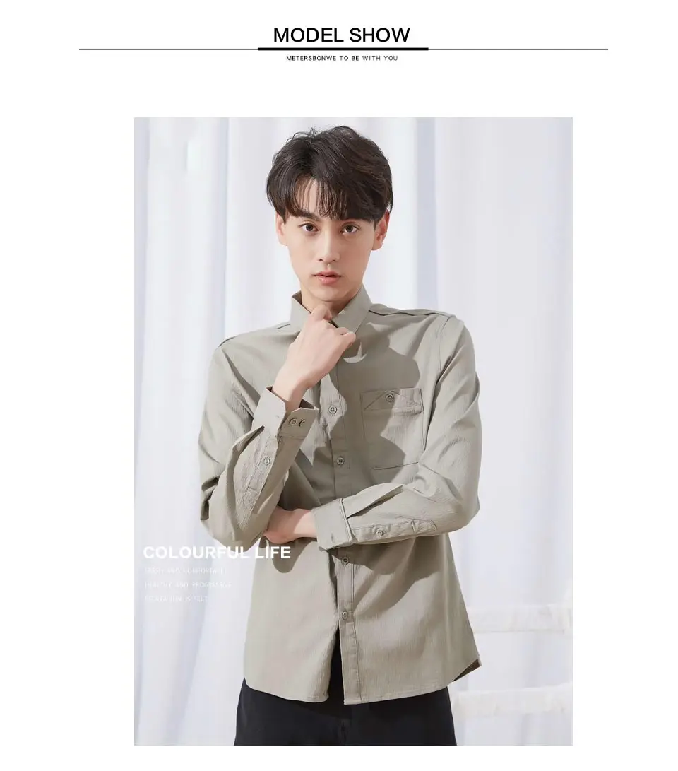 Metersbonwe Brand Men Smart Casual Shirts Spring Autumn Male Slim Long Sleeve shirts regular Cotton Male Basic tops