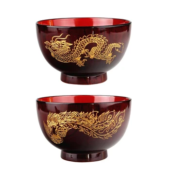 

2 Pcs Dinner Bowls 4.5" Rice Salad Bowl Retro Chinese Dragon Phoenix Pattern
