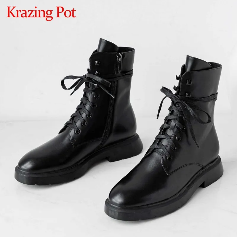 Krazing Pot/модные ботинки из натуральной кожи для отдыха в стиле суперзвезды; женские зимние теплые ботинки до середины икры на высоком каблуке с круглым носком на шнуровке; L71