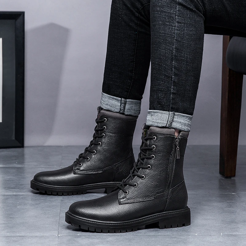 Мужские ботинки черные зимние мужские плюшевые теплые уличные мотоциклетные