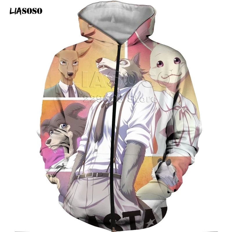 LIASOSO, новинка, Повседневный, 3D принт, для женщин, мужчин, BEASTARS, стильный, на молнии, худи, зима, на молнии, толстовка, хип-хоп, пуловер, BEASTARS, короткий рукав