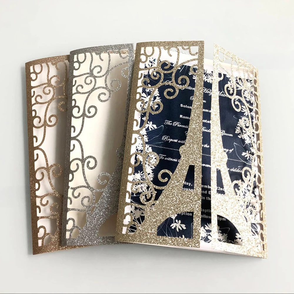 10pcs/set Glitter Embossing Invitation Cards 15*15CM for wedding business party Paris tower greeting card customized supplies