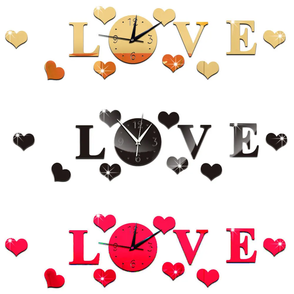 Creative Plastic 3D Mirror Effect Stickers Wall Clock LOVE Decals Decoration