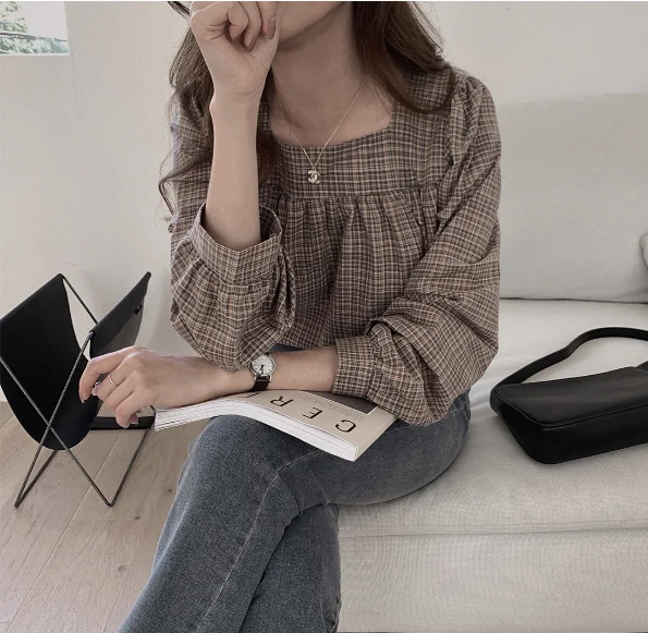 Plaid New Womens Blouses Summer Tops Femme Casual Women Shirt Long Sleeve Cotton Girls women Blouse New Blusas Solid Loose