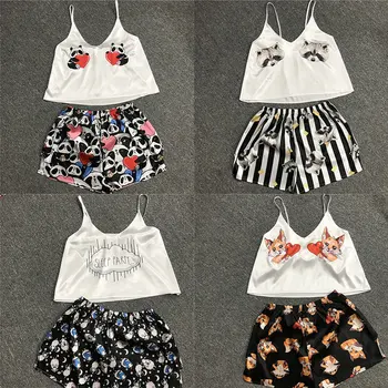 

2pcs/Set Cartoon Print Tops V Neck Stain Sleepwear Backless Sexy Shorts Women Vest Pyjama Tops Strap Loose Pyjama Home Suit