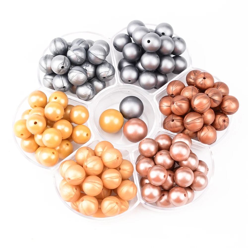 LOFCA 20pcs Metallic Golden Print Silicone Beads 19mm Food Grade Silicone 12mm Sliver Pearl Teether Beads DIY Teething Nursing 4